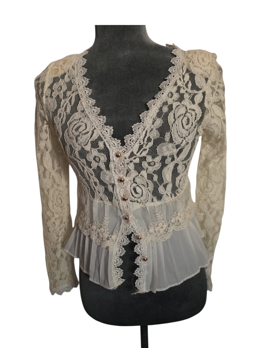 Heramay Women's Cream Lace Peplum Blouse with Pleated Hem
